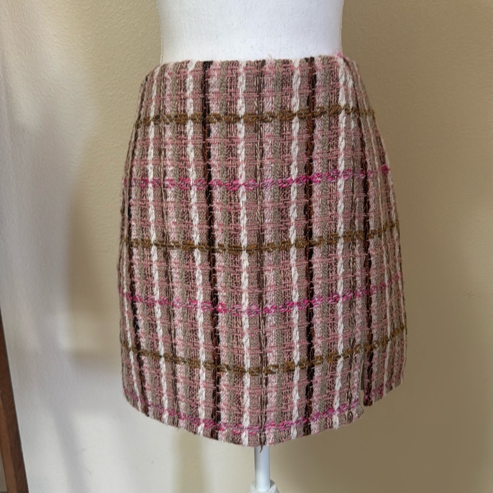 Lush High Waist Pink Plaid Tweed Mini Skirt